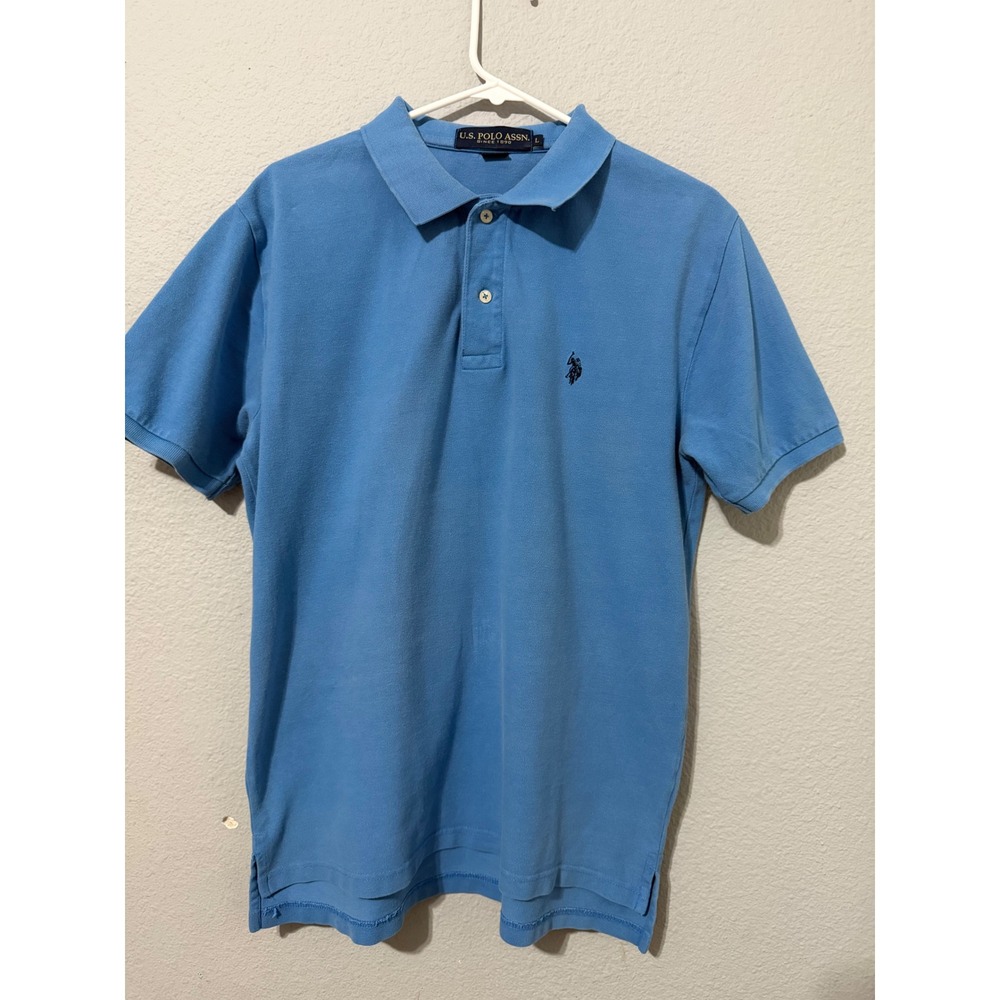 Y2K US Polo Assn Mens Polo Shirt L Blue Faded Cotton Short Sleeve Cotton Pique
